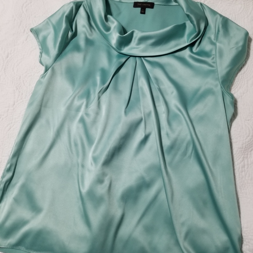 The Limited Satin Cowl Neck Cap Sleeve Blouse in Aqua Teal